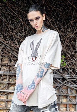 Bunny cartoon t-shirt rabbit tee grunge patch top in cream