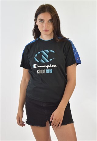 VINTAGE 90S BLACK BLUE CHAMPION SPORTS CREW NECK T SHIRT