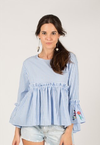 BLUE CHECK PRINT FLORAL EMBROIDERED SLEEVES TOP