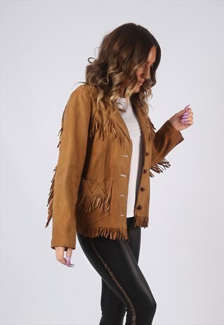 SUEDE LEATHER TASSEL FRINGE JACKET VINTAGE 70'S UK 10 (W2A)