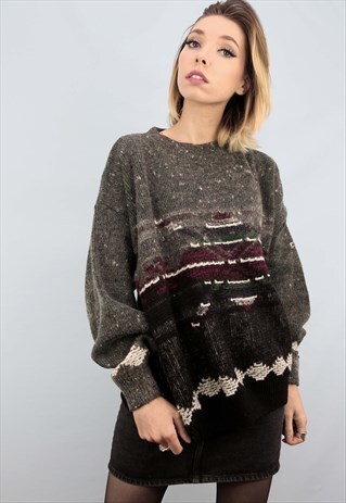 VINTAGE 80S 90S OVERSIZED PATTERNED KNIT JUMPER