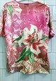 VINTAGE Y2K GLADIOLUS PRINT MESH SHEER TEE BLOUSE TOP PINK