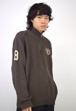 VINTAGE 90S TOMMY HILFIGER BROWN KNIT 3/4 ZIP