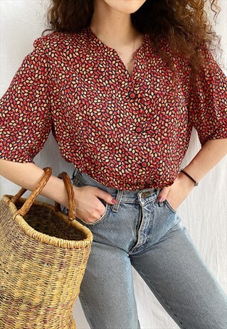 VINTAGE 80S LUXE MOD PRINT HAUTE BOHEME BLOUSE TOP BOHO