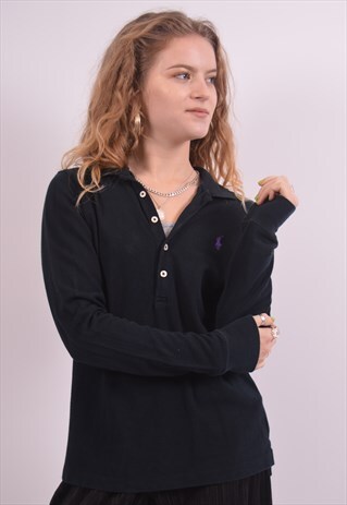 RALPH LAUREN WOMENS VINTAGE POLO SHIRT MEDIUM BLACK 90S