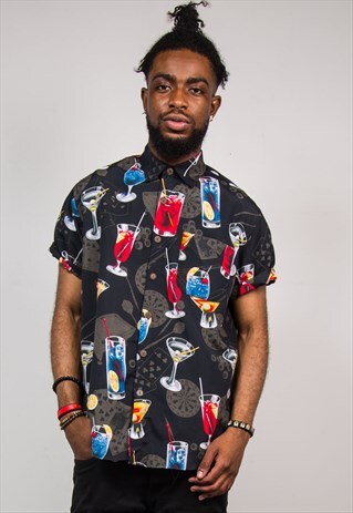 VINTAGE 90'S BLACK HAWAIIAN COCKTAIL SHORT SLEEVE SHIRT