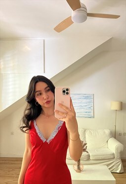 Vintage Reworked beautiful semi sheer midi slip dress in red