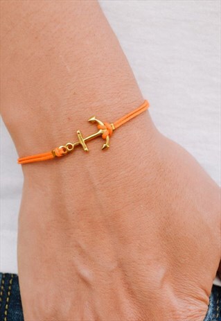GOLD ANCHOR WOMENS BRACELET ORANGE CORD NAUTICAL JEWELRY