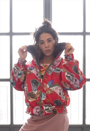 VINTAGE RARE PUFFER BOMBER JACKET RED SATIN DOG PRINT