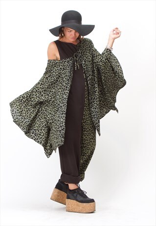 KHAKI LEOPARD PRINT FRILL SLEEVE TOP/JACKET