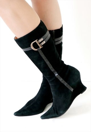 Pointed Y2k High Vintage Suede Boots Black UK 5 EU 38 