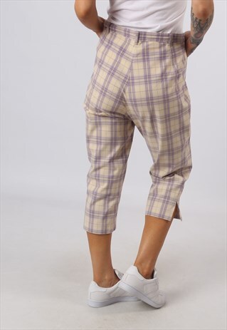 HIGH WAISTED TROUSERS TARTAN CHECKED WIDE TAPERED 14 (C82J)