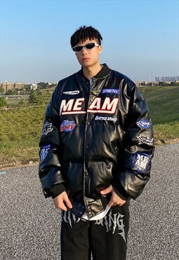 Retro racer varsity jacket faux leather MA-1 bomber in black