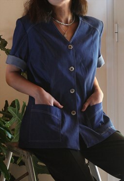 Vintage blue denim stretch oversized short sleeved jacket.