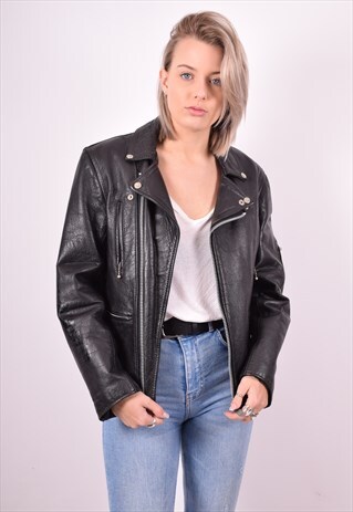 WOMENS VINTAGE LEATHER JACKET MEDIUM BLACK 90'S
