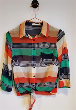 VINTAGE 90S CHIFFON SHEER STRIPED TIE UP CROP TOP SIZE 10-12