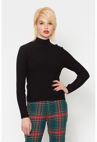 BLACK FITTED HIGH NECK RIBBED KNIT