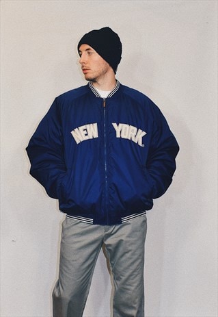 VINTAGE 90S ADIDAS BLUE NY YANKEES BOMBER JACKET