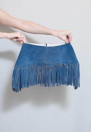 VINTAGE 1970'S AMAZING BLUE SUEDE FRINGED COLLAR