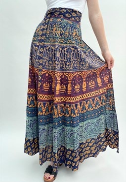 Vintage Ladies Skirt 70's Blue Indian Cotton Maxi Wrap