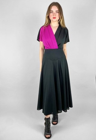 80's Vintage Black Pink Ladies Short Sleeve Midi Dress 