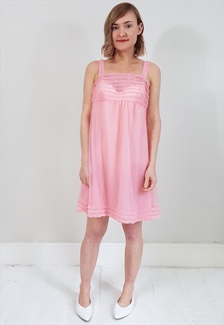 VINTAGE 60'S PINK SHEER EMPIRE LINE RUFFLE MINI NIGHT DRESS