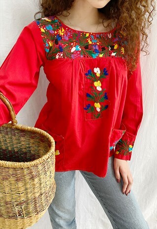 VINTAGE 70S ETHNIC EMBROIDERED MILKMAID TUNIC BLOUSE TOP