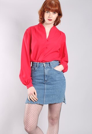 VINTAGE 80S PINK COLLARLESS BLOUSE TOP
