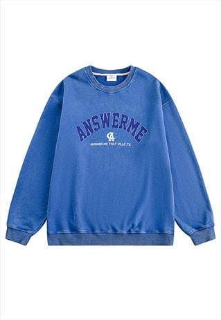 Retro slogan sweatshirt bleached cotton jumper acid blue