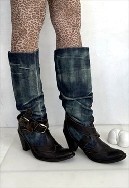 Vintage Y2K iconic heeled cowgirl boots in denim / brown