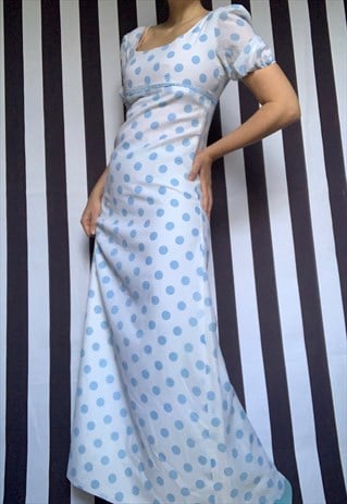 VINTAGE 60S WHITE MAXI EMPIRE WAIST DRESS, POLKA DOTS, UK10