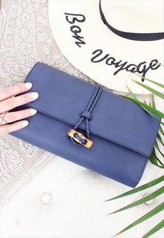 NAVY BLUE BAMBOO CLASP DETAIL CLUTCH BAG