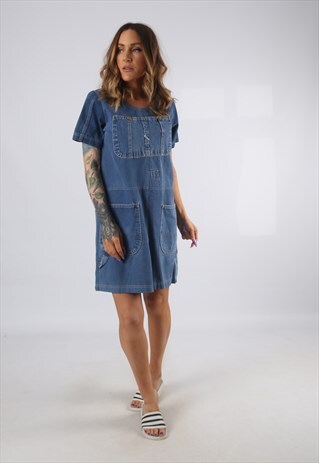 VINTAGE DENIM DRESS BICH REWORKED DUNGAREES UK 8 - 10 (9DDC)