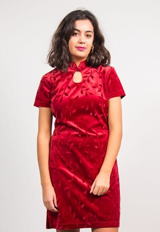 VINTAGE 90'S RED LEAF PATTERN VELVET MINI DRESS