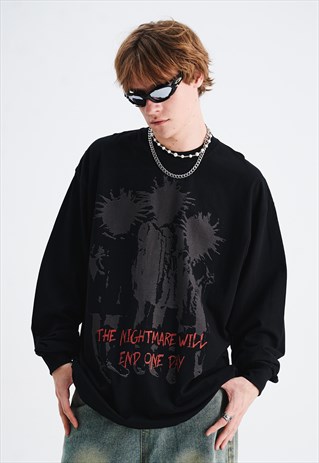 PUNK CARTOON T-SHIRT LONG SLEEVE TEE GRUNGE MOHAWK TOP BLACK