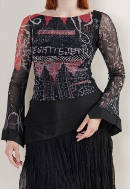 Vintage Y2k Legatte Flare Long Sleeve Tattoo Print Top XS/S