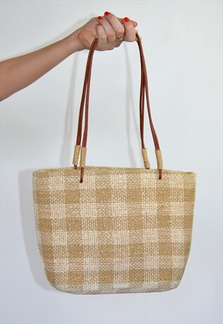 VINTAGE BROWN STRAW BASKET SHOULDER BAG