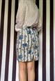 VINTAGE 80S FLORAL DENIM MINI SKIRT, BLUE WHITE, UK8/10