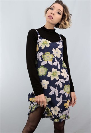 VINTAGE 90S FLORAL PATTERNED BLUE SLIP DRESS