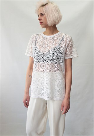 VINTAGE 80' BEAUTIFUL CUTE PLAIT TRANSPARENT WHITE BLOUSE