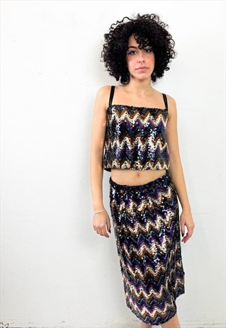 Vintage 90s sequinned paillettes top and skirt set 