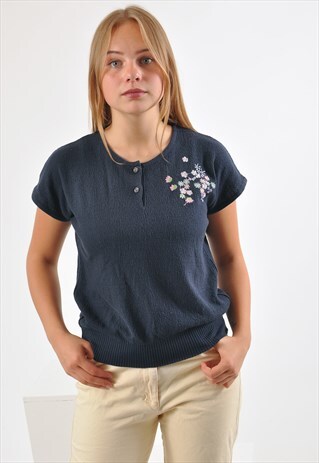 VINTAGE 80'S EBROIDERED TOP IN NAVY