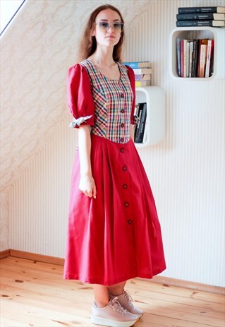 CHERRY RED CHECKED BELTED MIDI DRESS