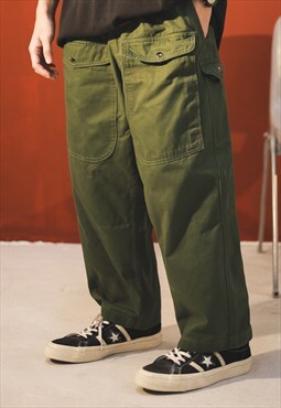 Army Green Cargo Relaxed Fit pants Cropped trousers Denim 