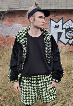 Hound tooth fleece shorts handmade chess overalls green