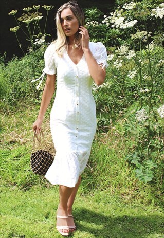 WHITE MIDI BRODERIE SUMMER DRESS