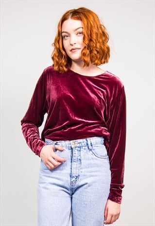 90'S VINTAGE BURGUNDY LONG SLEEVE VELVET TOP