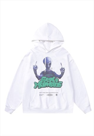 ALIEN HOODIE GRUNGE PULLOVER PREMIUM PUNK JUMPER IN WHITE