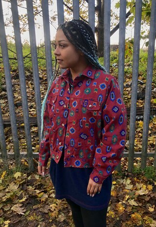 VINTAGE 90'S AZTEC GEOMETRIC CRAZY PATTERN DENIM JACKET