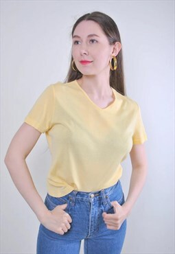 Women retro yellow minimalist v-neck tshirt 